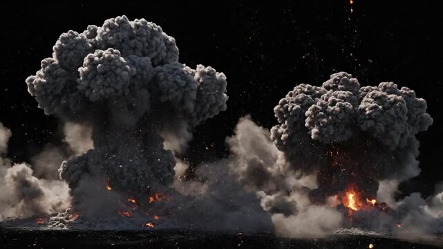 Explosions with billowing smoke clouds against a black backdrop dramatic view