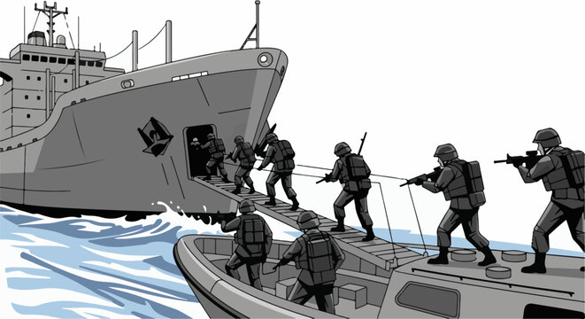 Soldiers disembarking from a large ship onto a smaller boat via a ramp