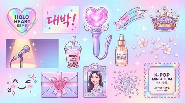 K-Pop Korean Wave Aesthetic Idol and K-Beauty Element Set in Holographic Pink Lavender and Sky Blue for K-Pop Fan Content K-Beauty Brand and Korean Wave Social Media Design