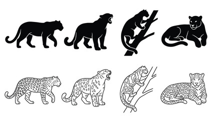Set of jaguar or leopard silhouettes and line art illustrations, wild cat poses, walking, roaring, climbing a tree and lying down © PixelAura_Studio