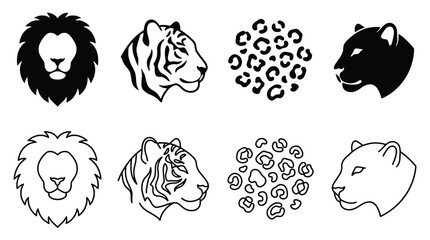 Set of wild cat heads and leopard spots pattern, lion tiger panther jaguar icons, vector illustration © PixelAura_Studio