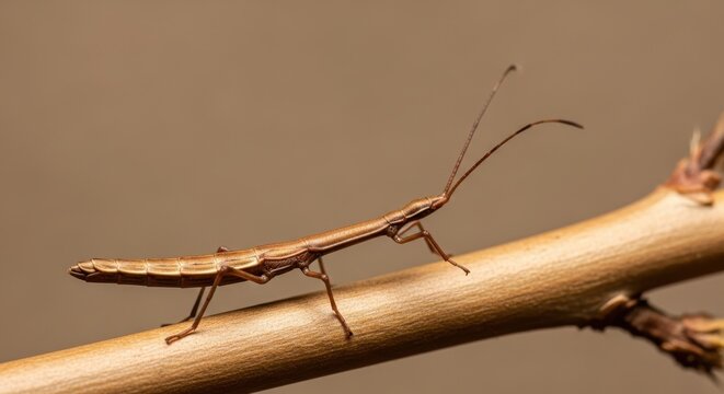 Stick Insect Camouflaged on a Brown Branch.