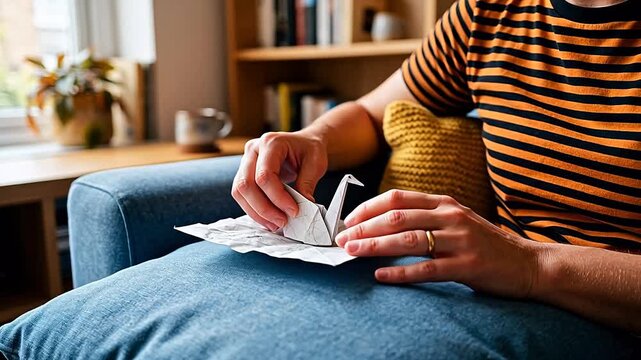 Person folding paper on couch ideal for sleek commercial backgrounds and title sequences
