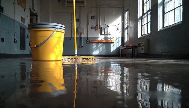 A yellow cleaning bucket and mop stand on a wet, reflective floor in a room with large windows casting sunlight