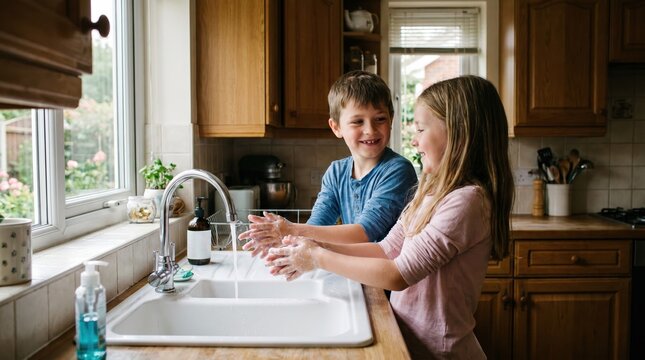 Boy and girl siblings using soap and water at kitchen sink for childhood hygiene concept.