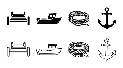 Set of nautical icons including dock, boat, rope and anchor in solid and outline styles © PixelAura_Studio