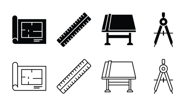 Set of architectural design icons, including blueprint, ruler, drafting table, and compass, vector illustration