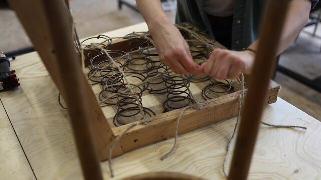 Craftswoman Attaching Upholstery Springs to Wooden Frame
