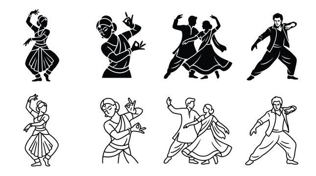 Set of indian traditional and modern dance icons, including classical bharatanatyam, folk dance, and contemporary bollywood style poses