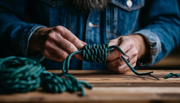 Close-animated movie of hands skillfully knotting dark green paracord on a wooden surface, with a spool of cord in the foreground
