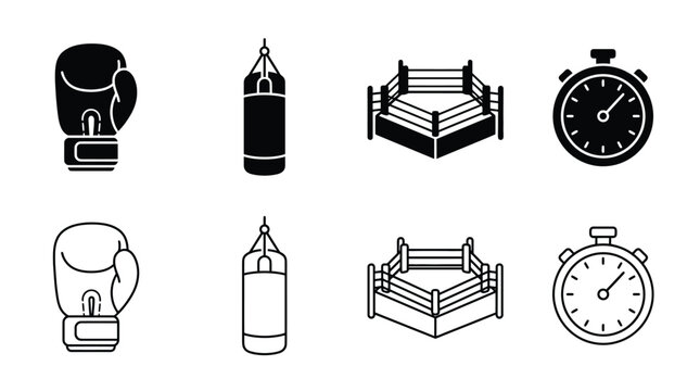 Boxing icons set, vector illustration boxing gloves, punching bag, boxing ring, and stopwatch icons in solid and line style