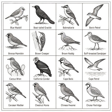 Vintage bird illustration set of 16 species, antique ornithology drawing collection, black and white engraved bird sketches for educational design isolated PNG with Transparent Background