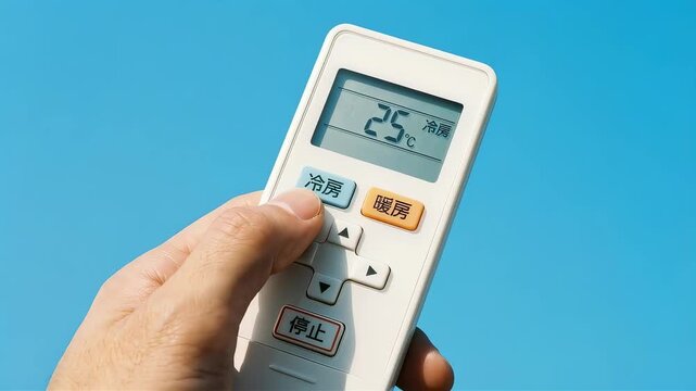 青空を背景に、エアコンのリモコンの「冷房」ボタンを押し、設定温度を25度にする手のアップ