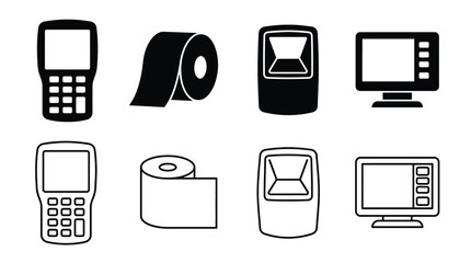 Set of vector icons including handheld barcode scanner, toilet paper roll, barcode scanner terminal, and computer monitor display © PixelAura_Studio