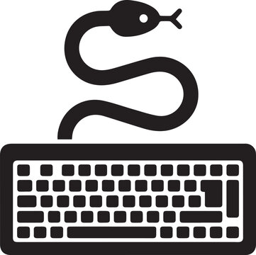 A computer keyboard with a snake intertwined around it symbolizing programming languages or digital complexity and cybersecurity.