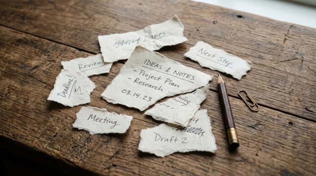 Overhead view of scattered handwritten notes a pencil and a paperclip on a rustic wooden surface representing brainstorming