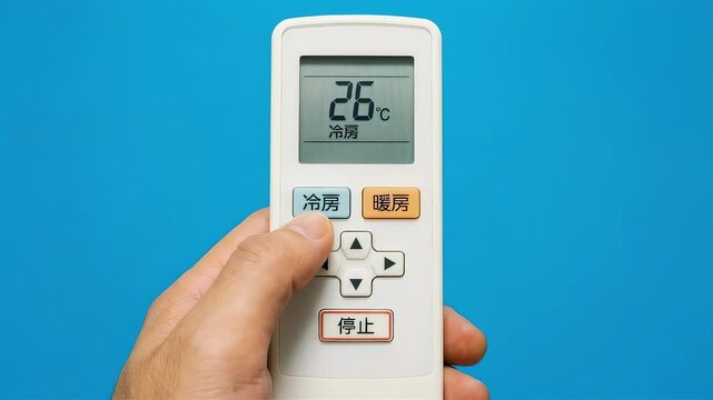 エアコンのリモコン操作（冷房26度設定・青背景）