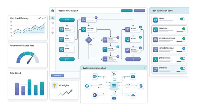 Modern business automation dashboard interface with process flow diagram, system integration chart, and performance analytics metrics