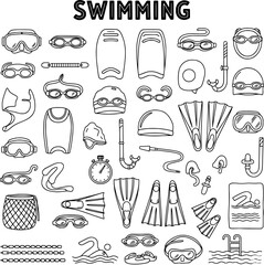 Swimming Equipment Doodle Set - Hand-Drawn Vector Collection of Goggles, Caps, Fins, Kickboards, Snorkels, Masks, and Aquatic Accessories for Sport and Recreation. © poppy