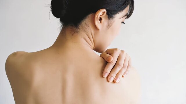 肩の痛みを感じて患部を押さえる女性の素肌のバックショット