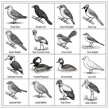 Vintage bird illustration set with 16 species, antique ornithology sketches of wild birds, retro black and white avian collection isolated PNG with Transparent Background