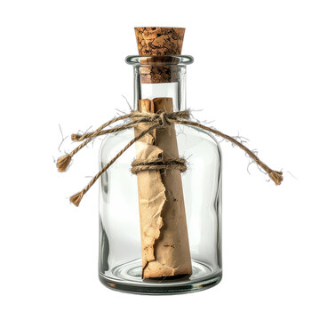 A vintage glass bottle containing a rolled parchment scroll secured with twine sits against a stark black background, evoking a sense of mystery and forgotten messages.
