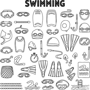 Swimming Equipment Doodle Set - Hand-Drawn Vector Collection of Goggles, Caps, Fins, Kickboards, Snorkels, Masks, and Aquatic Accessories for Sport and Recreation.