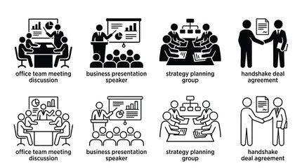 Obraz premium Business meeting and agreement icons set office team discussion, presentation speaker, strategy planning group, and handshake deal agreement symbols in solid and outline styles
