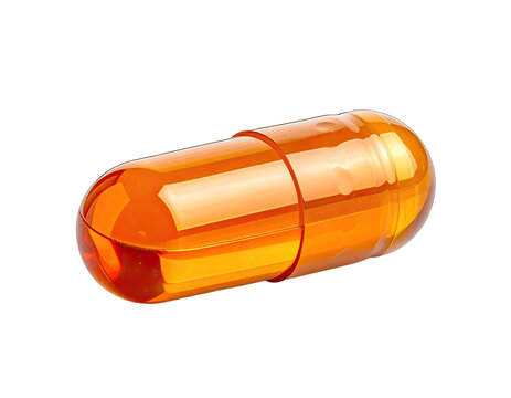 A vibrant orange capsule is isolated against a stark black background, highlighting its smooth, elongated form and translucent quality.