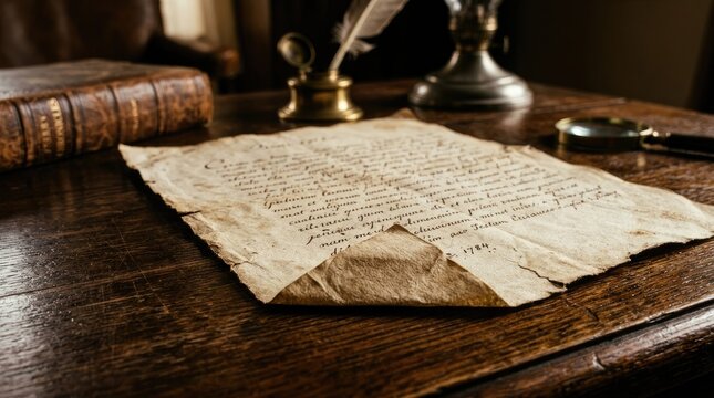 Antique parchment document with handwritten latin text quill pen and vintage book on a dark wood desk