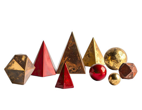 A striking still life composition showcases a collection of geometric shapes, including pyramids and spheres, adorned with a metallic gold finish against a stark black background.