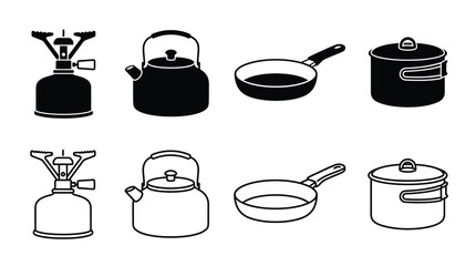 Fototapeta premium Camping stove, kettle, frying pan, and pot icons