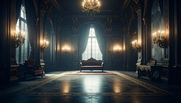 Opulent interior with dark, luxurious decor