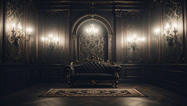 Opulent interior with dark, luxurious decor