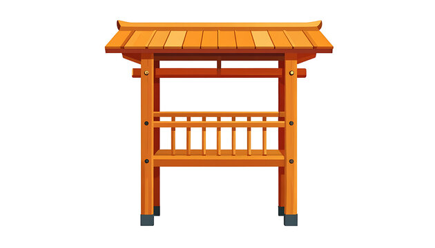 Traditional Japanese wooden gatehouse or shrine entrance structure with tiled roof and railings, isolated on white