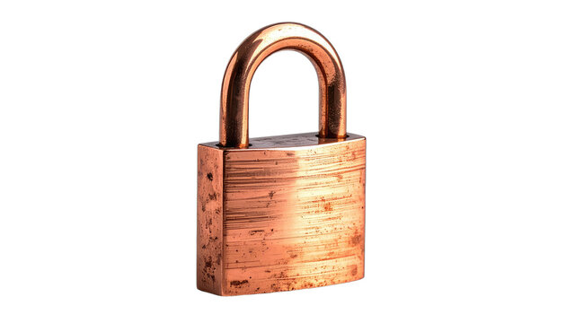 A close-up shot showcases a weathered copper padlock against a stark black background, highlighting its intricate details and suggesting themes of security and protection.