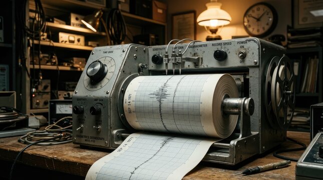 Vintage kinemetrics seismograph recording earthquake activity on paper roll in a cluttered laboratory setting circa 1971