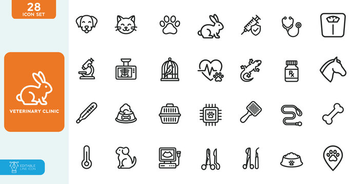 Veterinary Clinic  Line  Vector illustration Editable Icons set. Vector illustration in modern thin line style of animals care related icons: pets, types of examinations and veterinary services.