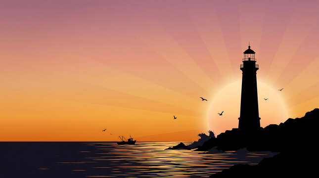Lighthouse on rocky coast sunset sea boat birds light beam guiding light.