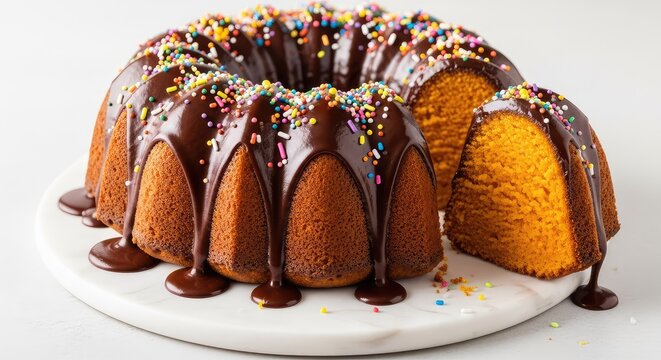 Moist orange bundt cake glazed with rich dark chocolate ganache and colorful sprinkles sits on a marble platter for a festive celebration, indulgent, frosting, homemade