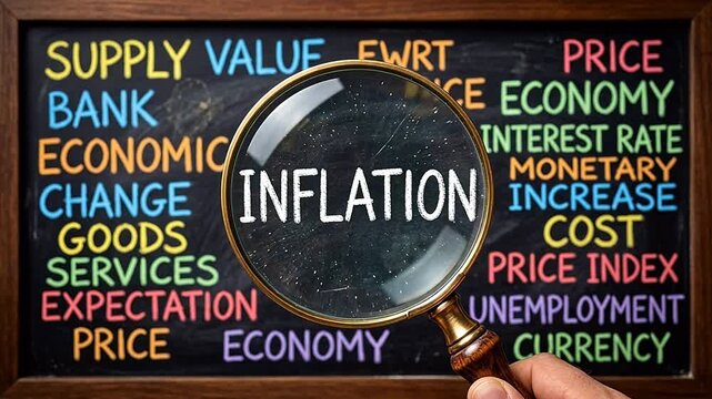 Magnifying glass over inflation word highlighting corporate success and strategic planning