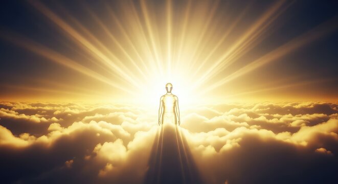 Resplandor et&eacute;reo entre nubes doradas y rayos de luz divina que atraviesan un firmamento infinito, irradiando paz y armon&iacute;a celestial pura, heaven, sun, rays