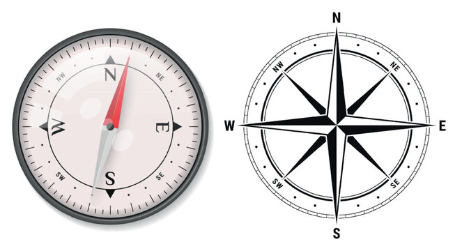 Detailed navigation compass and compass rose set in classic style. Suitable for travel themes, adventure branding or map design.