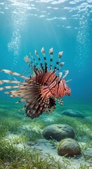 Obraz premium Striking Underwater Lionfish Swimming in Crystal Clear Waters.