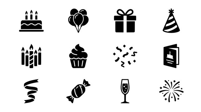 Set of twelve black birthday party icons featuring cakes balloons gifts hats candles cupcakes confetti cards ribbons candies champagne and fireworks displayed as simple flat graphic symbols on white b