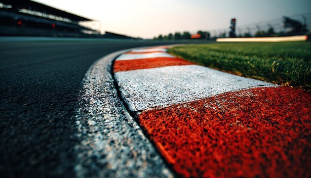 Close-animated movie view of a red and white striped curb on a race track with a shallow depth of field, showcasing the asphalt and grass