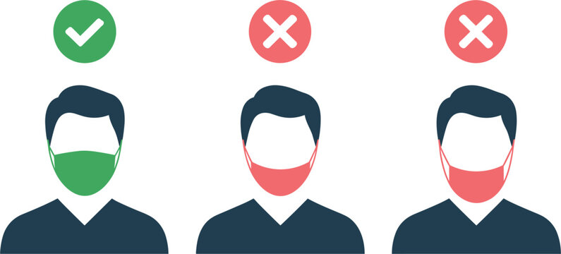 Face mask wearing guide illustration, correct and incorrect usage examples, health protection and safety concept