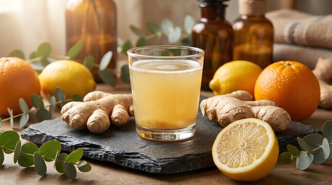Healthy ginger lemon and orange detox juice shot on a dark slate board