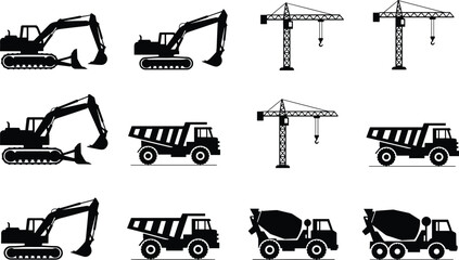 Vector illustration of construction vehicles silhouettes including excavator, crane, dump truck, cement mixer, heavy machinery, industrial equipment icons © MDMAHOMUDUL