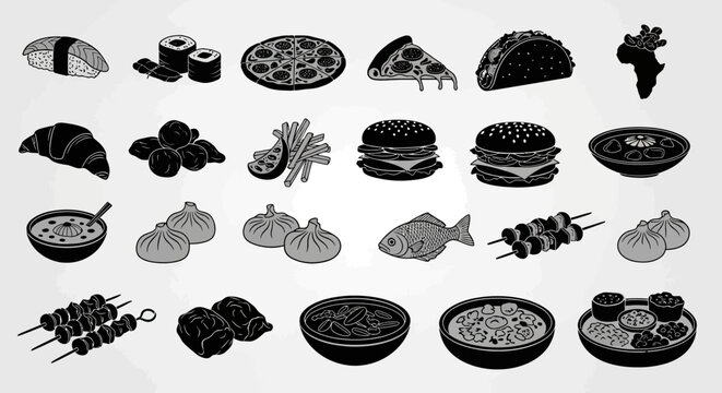 Global Assortment of Food Icons From Various Cultures and Cuisines
